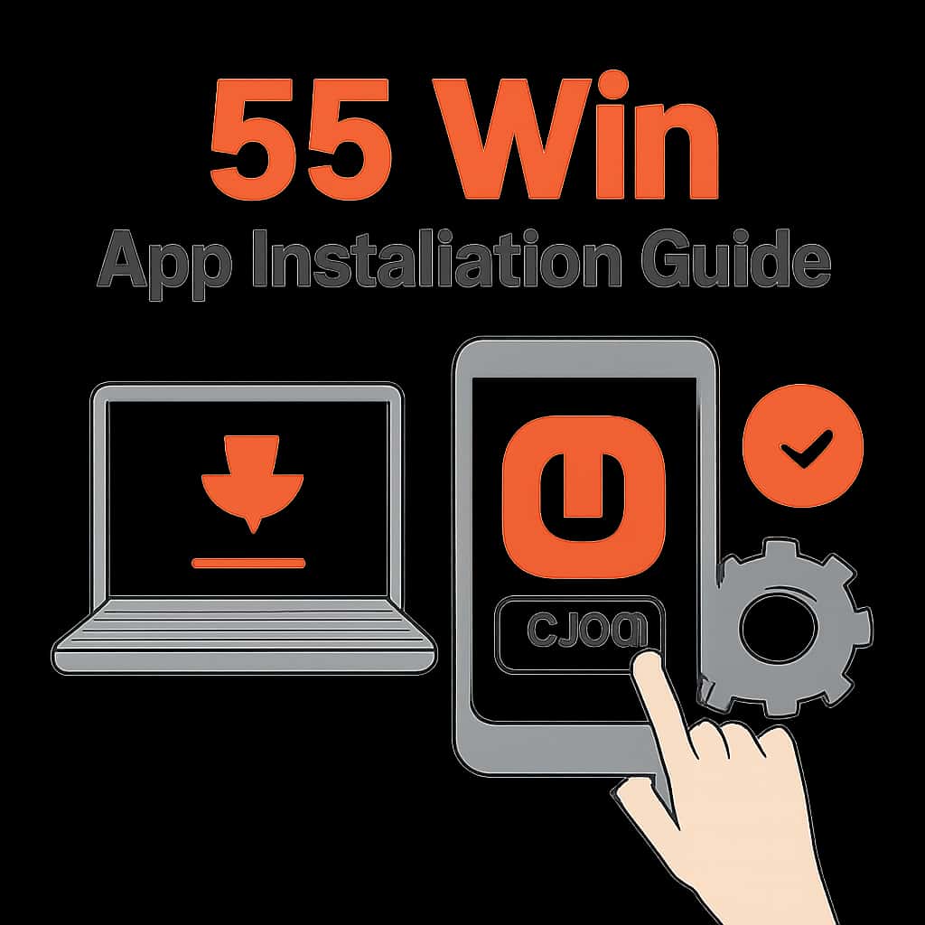 Illustration showing the installation process of the 55 Win app.