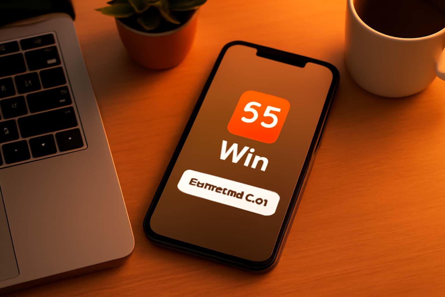 Informational scene about downloading the 55 Win app for iOS.