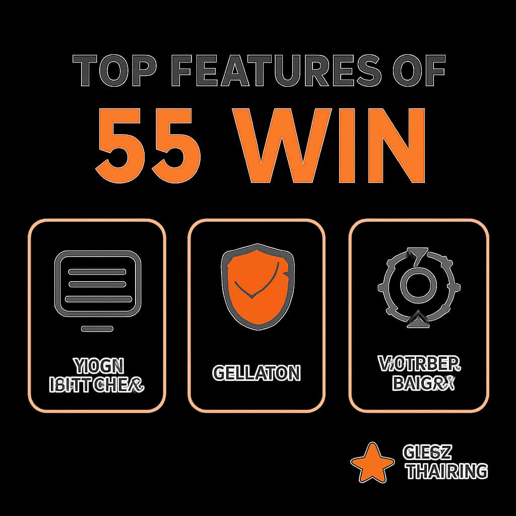 An educational diagram detailing 55 Win App features.